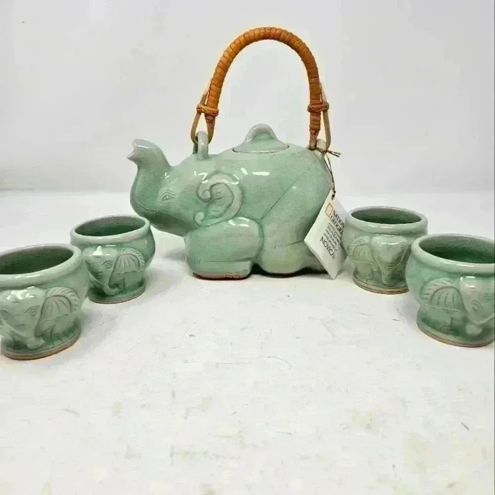 Celadon ceramic elephant tea set